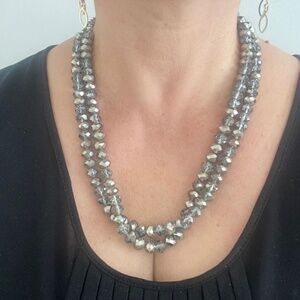 Vintage Czech Faceted Grey Shimmering Crystal Beads Double Strand Necklace